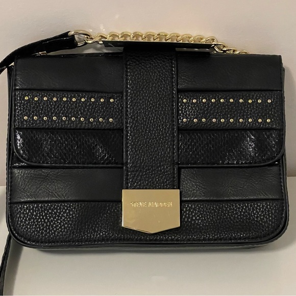Steve Madden Black Faux Leather Shoulder Bag with Gold Accents - Picture 2 of 11